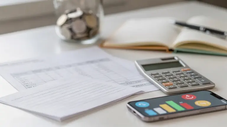 Bankauszug, Budgetplan und Taschenrechner auf einem Schreibtisch zum Thema finanzielle Unabhängigkeit